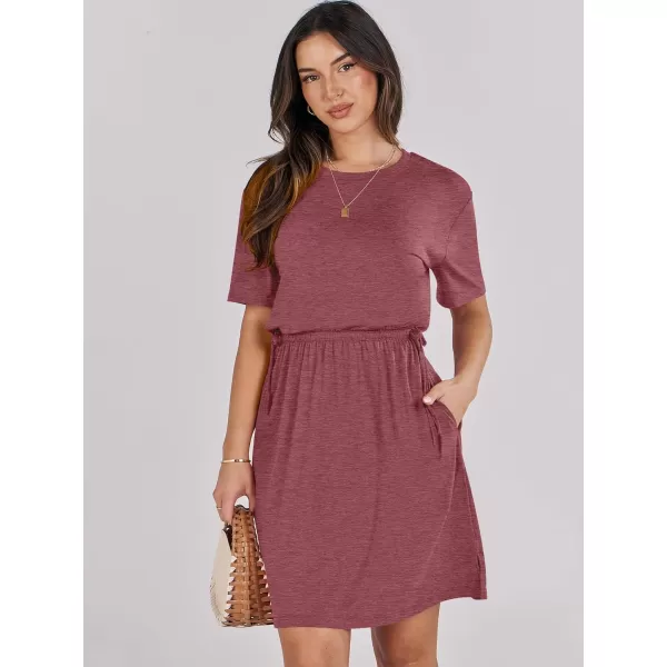 imageANRABESS Womens 2024 Summer Casual Short Sleeve Crew Neck Tie Waist Hide Belly T Shirt Dress with PocketsRed