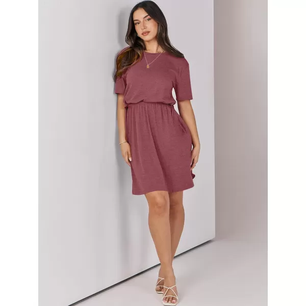 imageANRABESS Womens 2024 Summer Casual Short Sleeve Crew Neck Tie Waist Hide Belly T Shirt Dress with PocketsRed