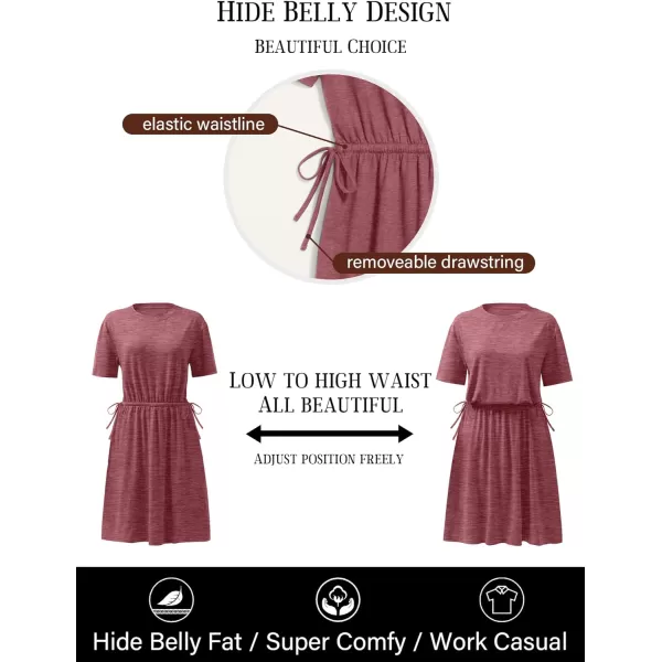 imageANRABESS Womens 2024 Summer Casual Short Sleeve Crew Neck Tie Waist Hide Belly T Shirt Dress with PocketsRed