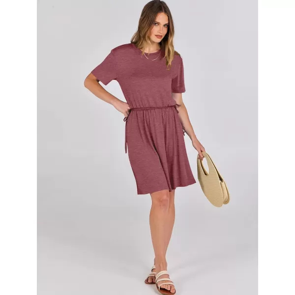 imageANRABESS Womens 2024 Summer Casual Short Sleeve Crew Neck Tie Waist Hide Belly T Shirt Dress with PocketsRed