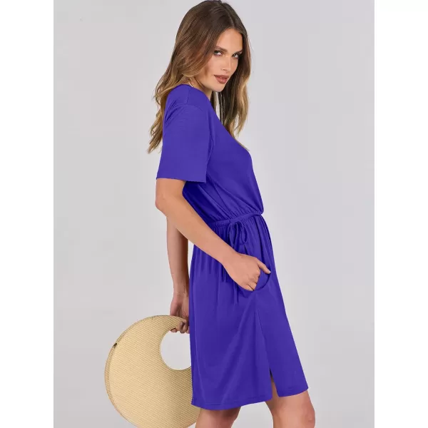 imageANRABESS Womens 2024 Summer Casual Short Sleeve Crew Neck Tie Waist Hide Belly T Shirt Dress with PocketsRoyal Blue