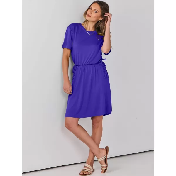 imageANRABESS Womens 2024 Summer Casual Short Sleeve Crew Neck Tie Waist Hide Belly T Shirt Dress with PocketsRoyal Blue