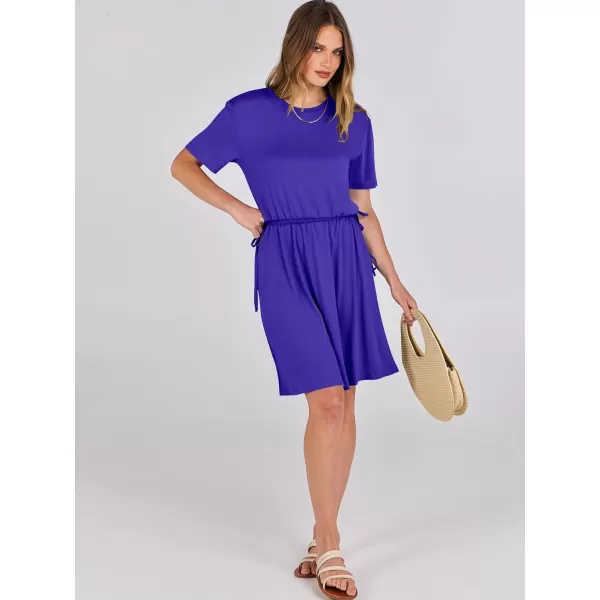 imageANRABESS Womens 2024 Summer Casual Short Sleeve Crew Neck Tie Waist Hide Belly T Shirt Dress with PocketsRoyal Blue
