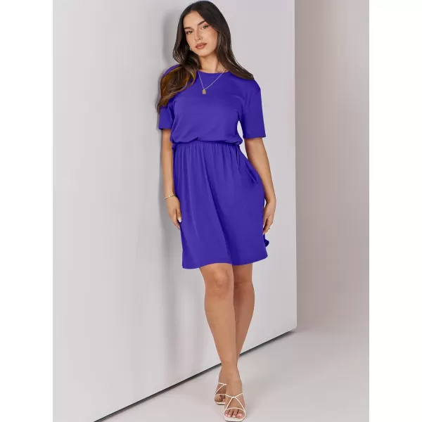 imageANRABESS Womens 2024 Summer Casual Short Sleeve Crew Neck Tie Waist Hide Belly T Shirt Dress with PocketsRoyal Blue