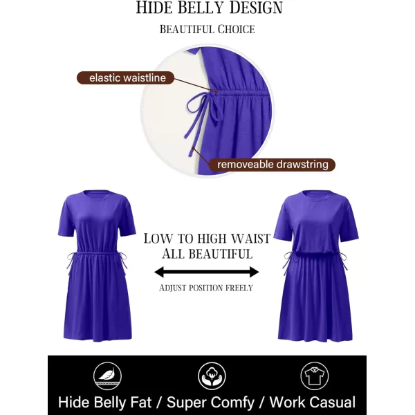 imageANRABESS Womens 2024 Summer Casual Short Sleeve Crew Neck Tie Waist Hide Belly T Shirt Dress with PocketsRoyal Blue