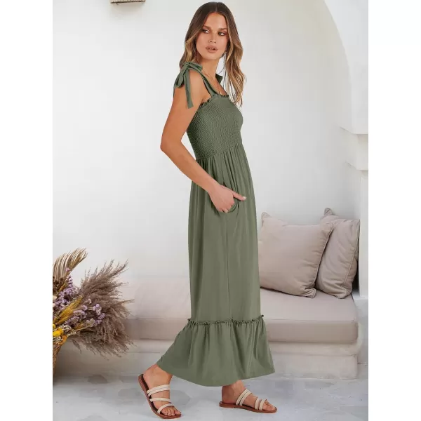 imageANRABESS Womens 2024 Summer Casual Spaghetti Strap Square Neck Smocked Flowy A Line Beach Long Maxi Sun DressArmy Green