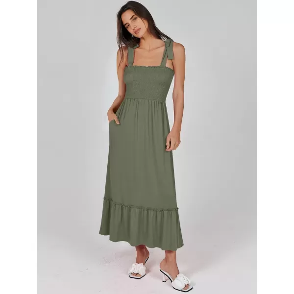 imageANRABESS Womens 2024 Summer Casual Spaghetti Strap Square Neck Smocked Flowy A Line Beach Long Maxi Sun DressArmy Green
