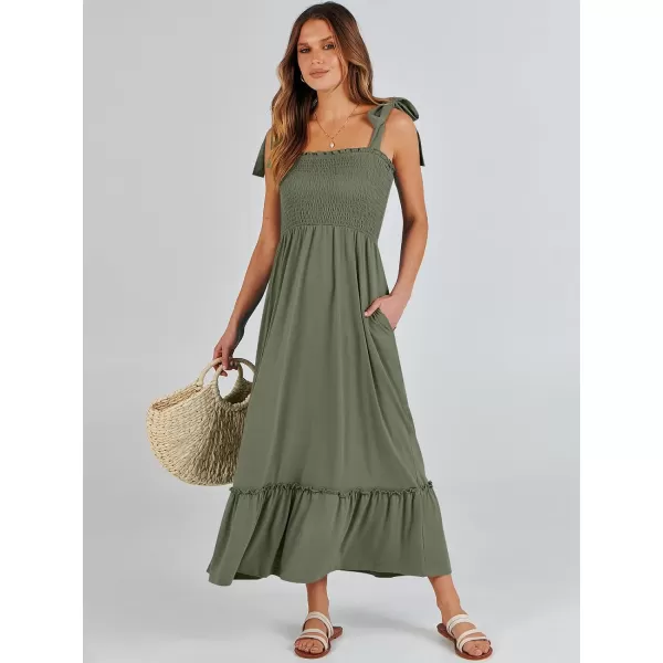 imageANRABESS Womens 2024 Summer Casual Spaghetti Strap Square Neck Smocked Flowy A Line Beach Long Maxi Sun DressArmy Green