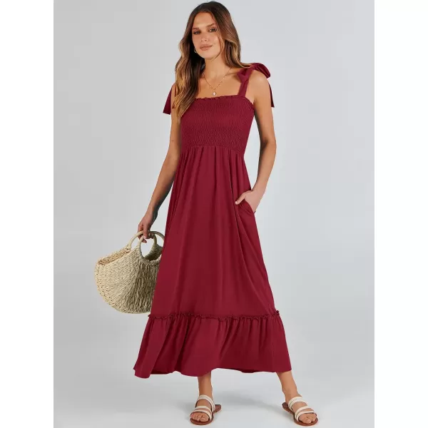 imageANRABESS Womens 2024 Summer Casual Spaghetti Strap Square Neck Smocked Flowy A Line Beach Long Maxi Sun DressBurgundy
