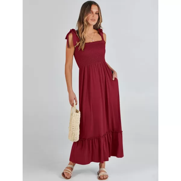imageANRABESS Womens 2024 Summer Casual Spaghetti Strap Square Neck Smocked Flowy A Line Beach Long Maxi Sun DressBurgundy