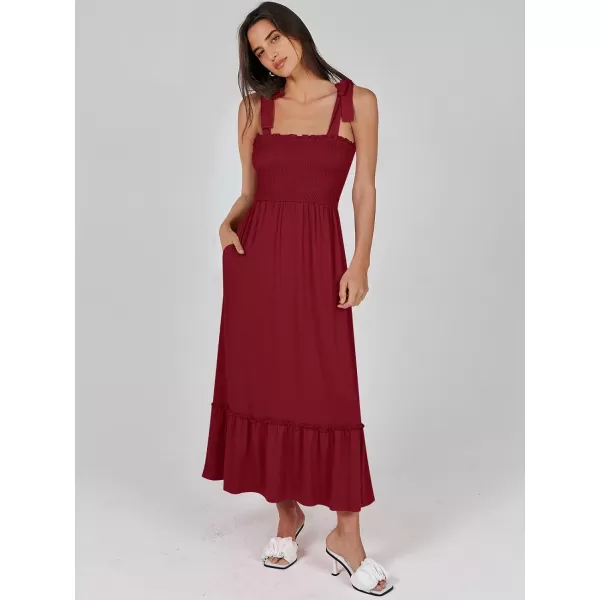 imageANRABESS Womens 2024 Summer Casual Spaghetti Strap Square Neck Smocked Flowy A Line Beach Long Maxi Sun DressBurgundy
