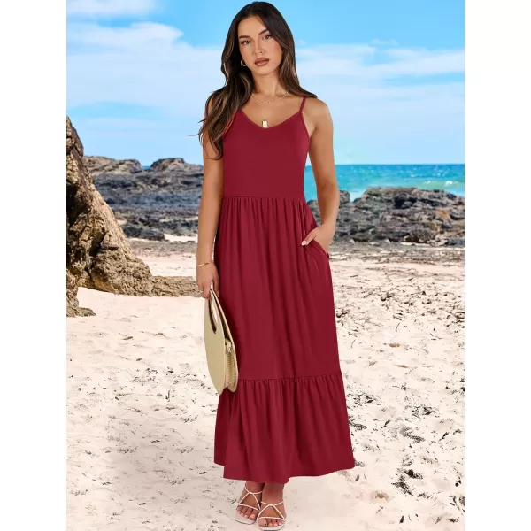 imageANRABESS Womens 2024 Summer Dress Casual V Neck Spaghetti Strap Swing Dresses Flowy Beach Vacation Maxi SundressBurgundy