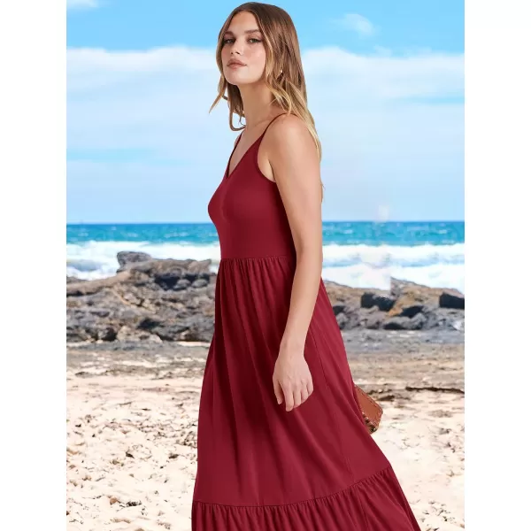 imageANRABESS Womens 2024 Summer Dress Casual V Neck Spaghetti Strap Swing Dresses Flowy Beach Vacation Maxi SundressBurgundy