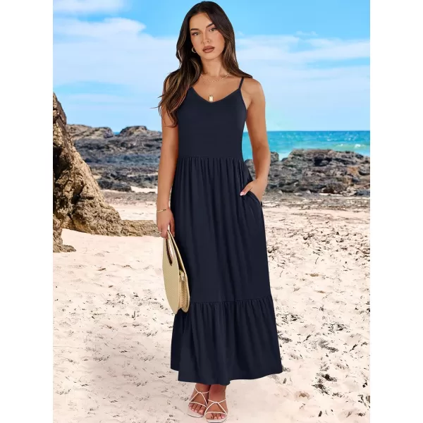 imageANRABESS Womens 2024 Summer Dress Casual V Neck Spaghetti Strap Swing Dresses Flowy Beach Vacation Maxi SundressNavy Blue