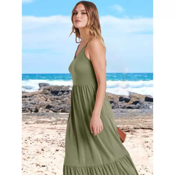 imageANRABESS Womens 2024 Summer Dress Casual V Neck Spaghetti Strap Swing Dresses Flowy Beach Vacation Maxi SundressOlive