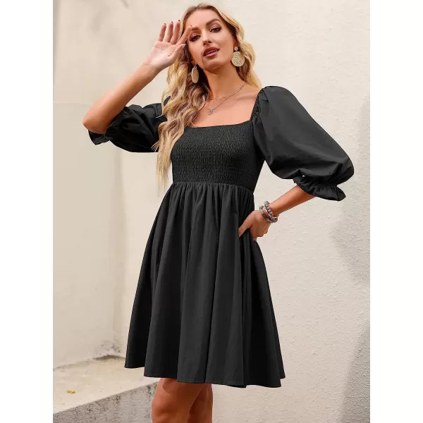 imageANRABESS Womens 34 Puff Sleeve Square Neck Smocked Babydoll Dress Cute A Line Flowy Short Mini DressBlack