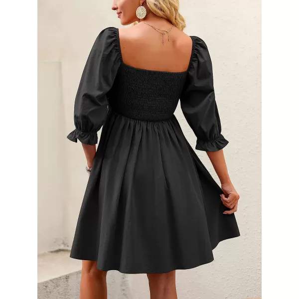 imageANRABESS Womens 34 Puff Sleeve Square Neck Smocked Babydoll Dress Cute A Line Flowy Short Mini DressBlack