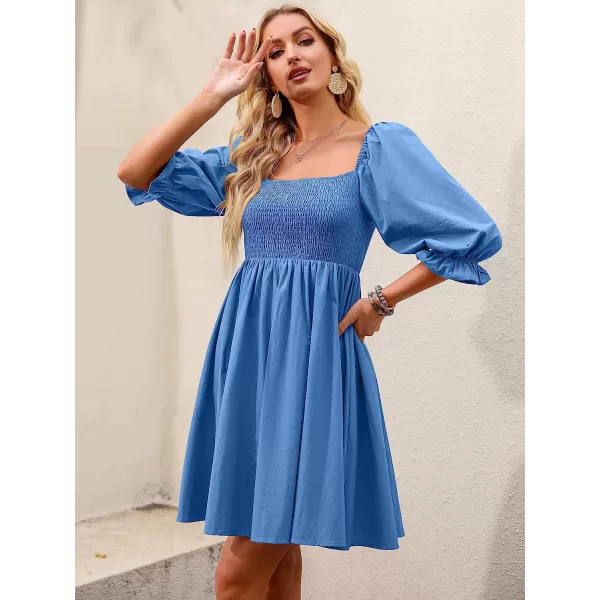 imageANRABESS Womens 34 Puff Sleeve Square Neck Smocked Babydoll Dress Cute A Line Flowy Short Mini DressBlue