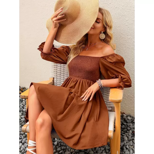imageANRABESS Womens 34 Puff Sleeve Square Neck Smocked Babydoll Dress Cute A Line Flowy Short Mini DressCaramel