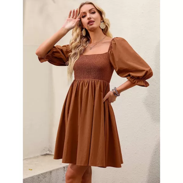 imageANRABESS Womens 34 Puff Sleeve Square Neck Smocked Babydoll Dress Cute A Line Flowy Short Mini DressCaramel