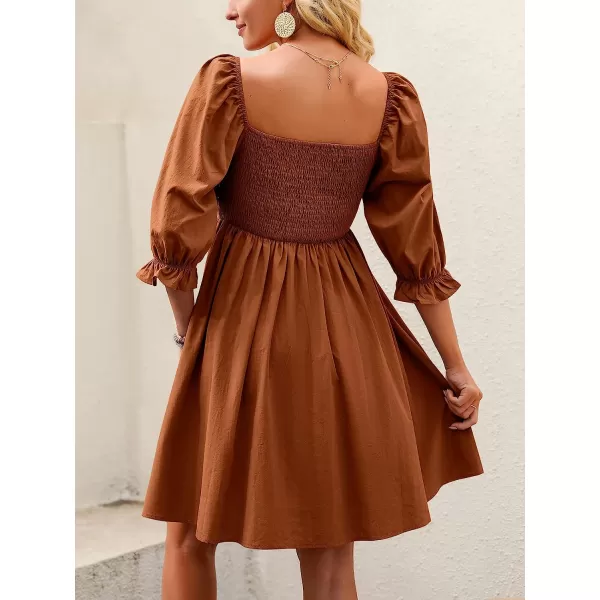 imageANRABESS Womens 34 Puff Sleeve Square Neck Smocked Babydoll Dress Cute A Line Flowy Short Mini DressCaramel