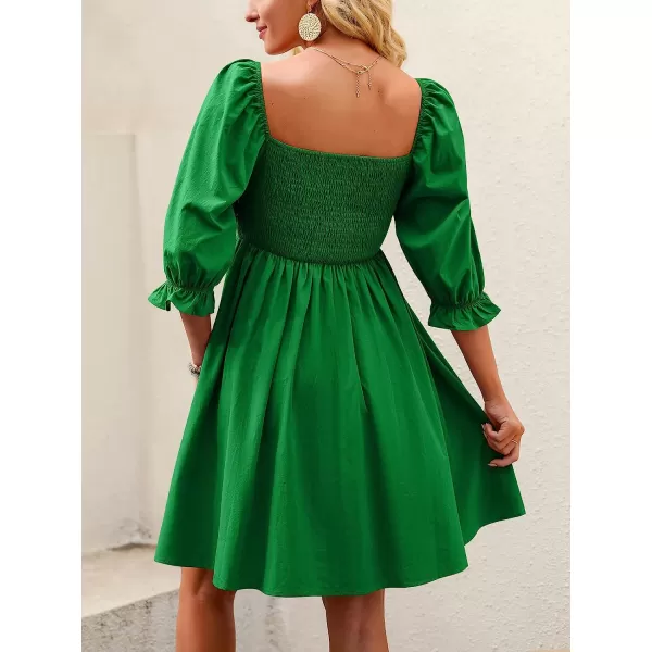imageANRABESS Womens 34 Puff Sleeve Square Neck Smocked Babydoll Dress Cute A Line Flowy Short Mini DressForest