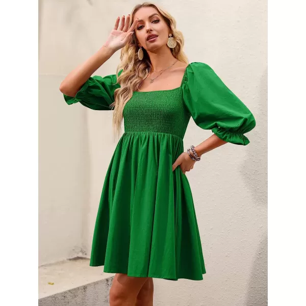 imageANRABESS Womens 34 Puff Sleeve Square Neck Smocked Babydoll Dress Cute A Line Flowy Short Mini DressForest