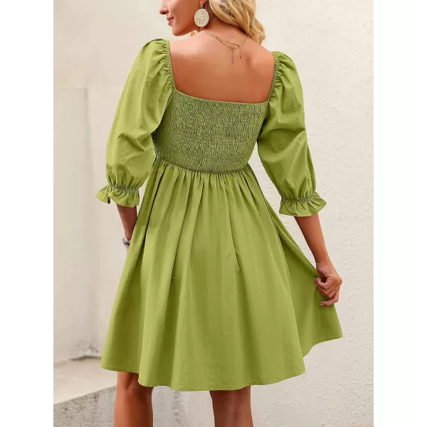 imageANRABESS Womens 34 Puff Sleeve Square Neck Smocked Babydoll Dress Cute A Line Flowy Short Mini DressGreen