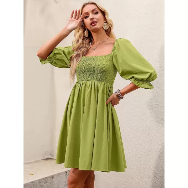 imageANRABESS Womens 34 Puff Sleeve Square Neck Smocked Babydoll Dress Cute A Line Flowy Short Mini DressGreen