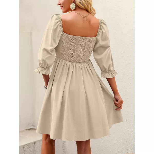 imageANRABESS Womens 34 Puff Sleeve Square Neck Smocked Babydoll Dress Cute A Line Flowy Short Mini DressKhaki