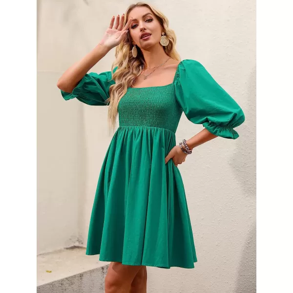 imageANRABESS Womens 34 Puff Sleeve Square Neck Smocked Babydoll Dress Cute A Line Flowy Short Mini DressLake