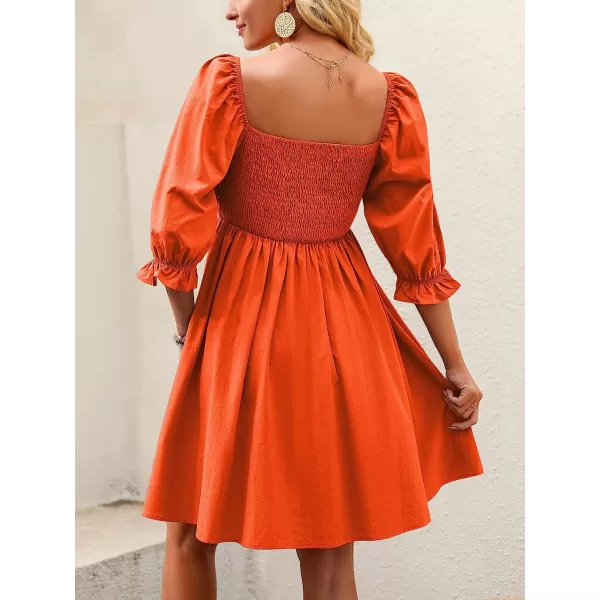 imageANRABESS Womens 34 Puff Sleeve Square Neck Smocked Babydoll Dress Cute A Line Flowy Short Mini DressOrange
