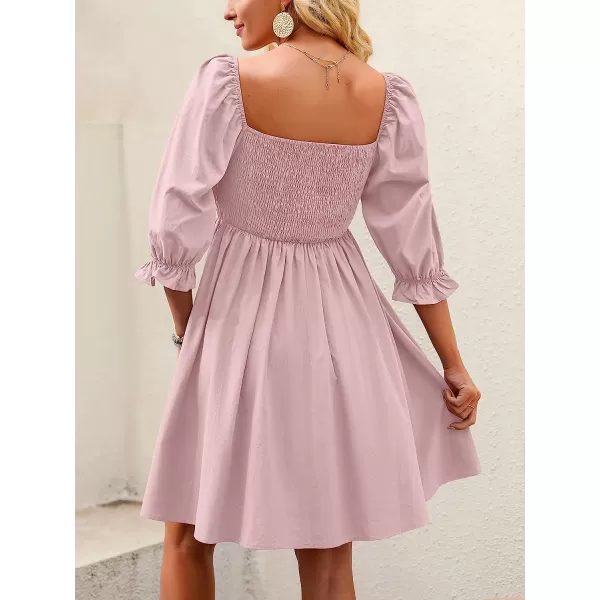 imageANRABESS Womens 34 Puff Sleeve Square Neck Smocked Babydoll Dress Cute A Line Flowy Short Mini DressPink