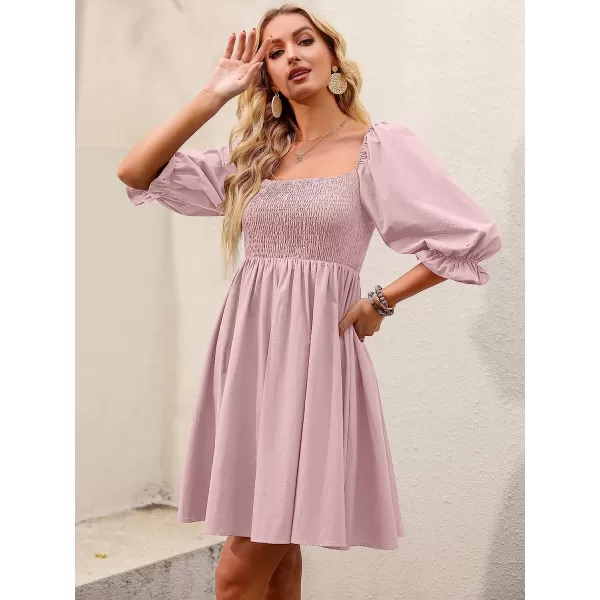 imageANRABESS Womens 34 Puff Sleeve Square Neck Smocked Babydoll Dress Cute A Line Flowy Short Mini DressPink