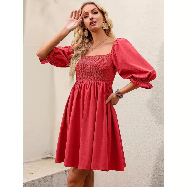 imageANRABESS Womens 34 Puff Sleeve Square Neck Smocked Babydoll Dress Cute A Line Flowy Short Mini DressRed