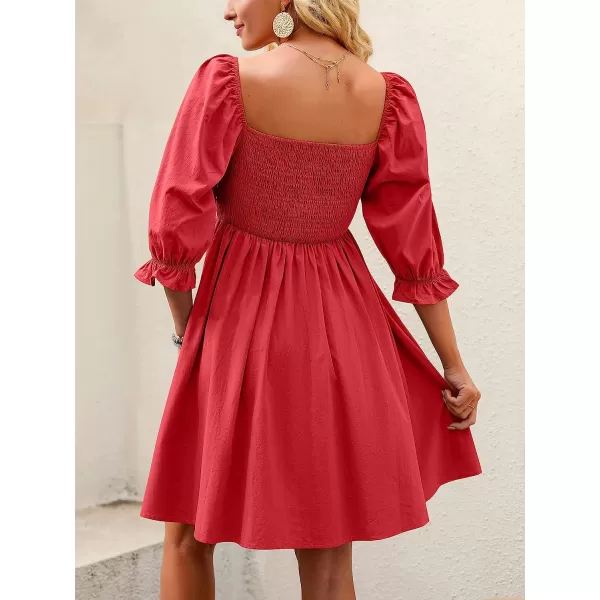 imageANRABESS Womens 34 Puff Sleeve Square Neck Smocked Babydoll Dress Cute A Line Flowy Short Mini DressRed