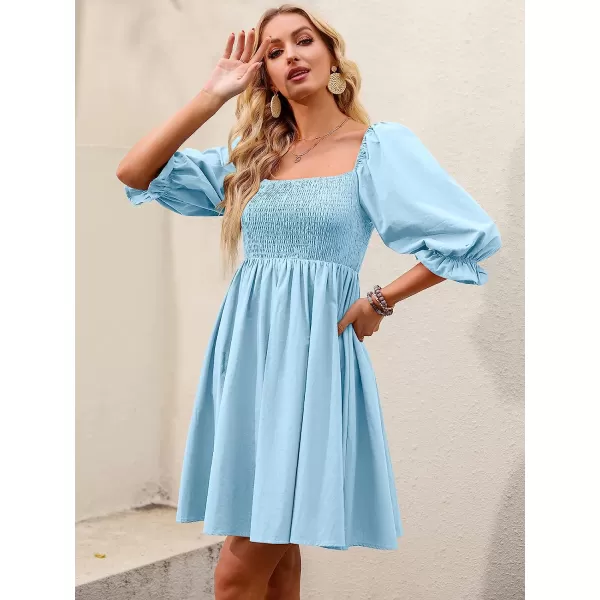 imageANRABESS Womens 34 Puff Sleeve Square Neck Smocked Babydoll Dress Cute A Line Flowy Short Mini DressSkyblue