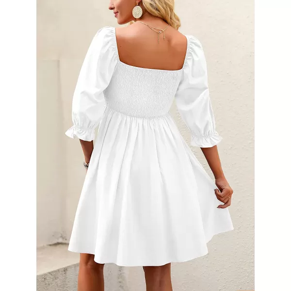 imageANRABESS Womens 34 Puff Sleeve Square Neck Smocked Babydoll Dress Cute A Line Flowy Short Mini DressWhite