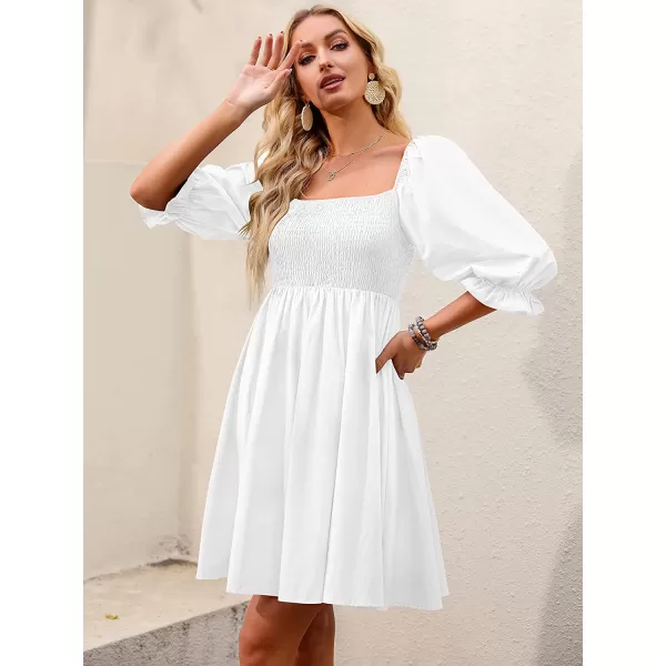 imageANRABESS Womens 34 Puff Sleeve Square Neck Smocked Babydoll Dress Cute A Line Flowy Short Mini DressWhite