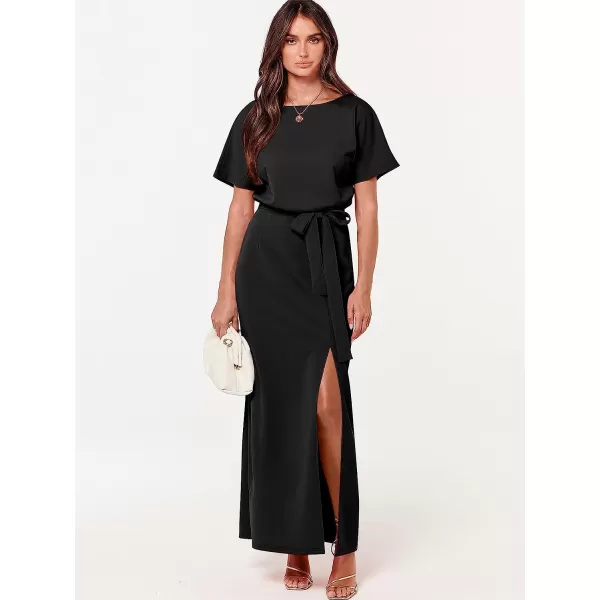 imageANRABESS Womens Batwing Sleeve Tie Waist Long Dresses Formal Party Wedding Guest Side Split Maxi Dress01black