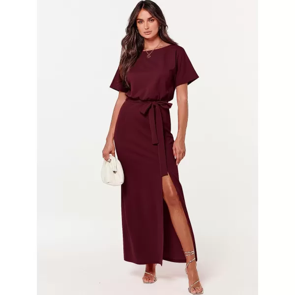 imageANRABESS Womens Batwing Sleeve Tie Waist Long Dresses Formal Party Wedding Guest Side Split Maxi Dress05wine Red