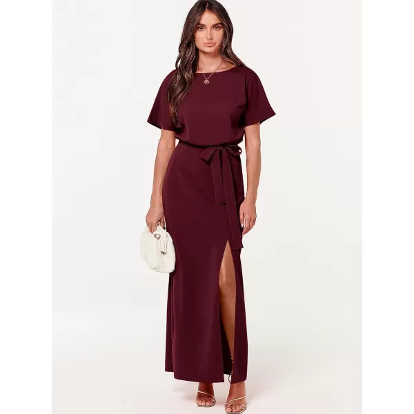 imageANRABESS Womens Batwing Sleeve Tie Waist Long Dresses Formal Party Wedding Guest Side Split Maxi Dress05wine Red
