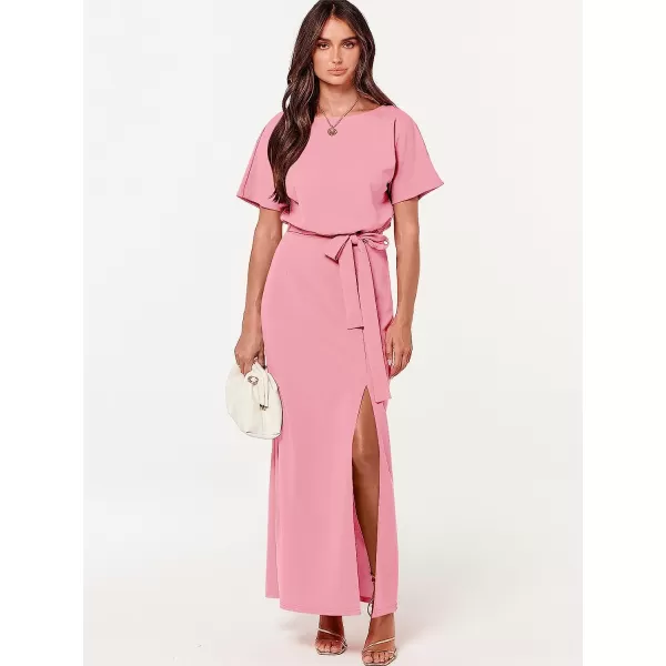imageANRABESS Womens Batwing Sleeve Tie Waist Long Dresses Formal Party Wedding Guest Side Split Maxi Dress10pink