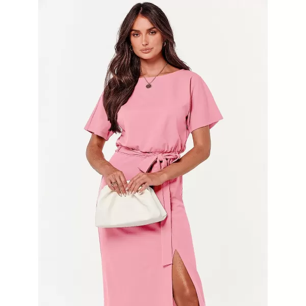imageANRABESS Womens Batwing Sleeve Tie Waist Long Dresses Formal Party Wedding Guest Side Split Maxi Dress10pink