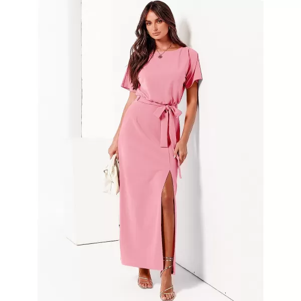 imageANRABESS Womens Batwing Sleeve Tie Waist Long Dresses Formal Party Wedding Guest Side Split Maxi Dress10pink