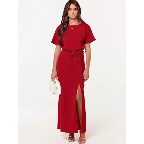 imageANRABESS Womens Batwing Sleeve Tie Waist Long Dresses Formal Party Wedding Guest Side Split Maxi Dress12red