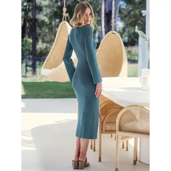imageANRABESS Womens Bell Long Sleeve Sweetheart Neck Slim Fit Ribbed Knit Slit Midi Sweater DressBlue