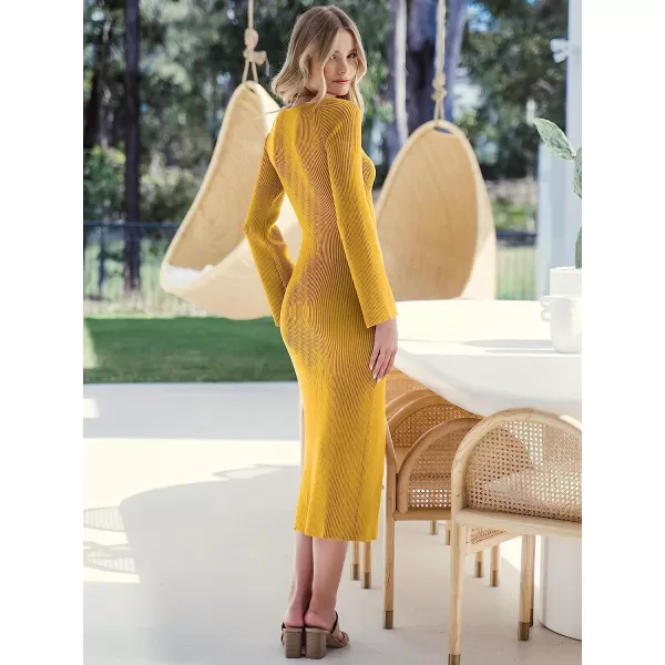 imageANRABESS Womens Bell Long Sleeve Sweetheart Neck Slim Fit Ribbed Knit Slit Midi Sweater DressYellow