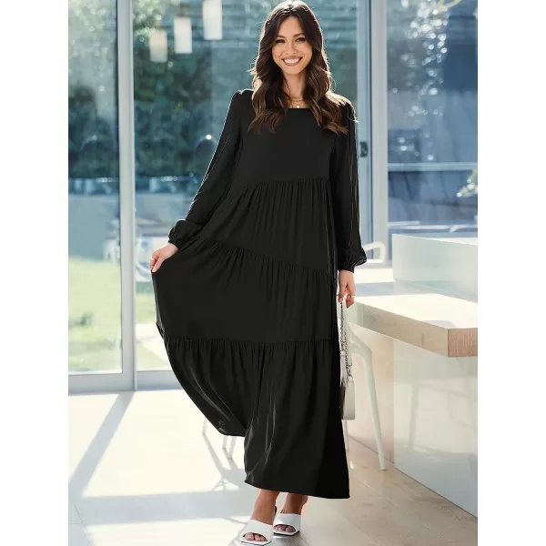 imageANRABESS Womens Boho Casual Loose Puff Long Sleeve Crewneck Asymmetric Tiered Beach Maxi Long DressBlack