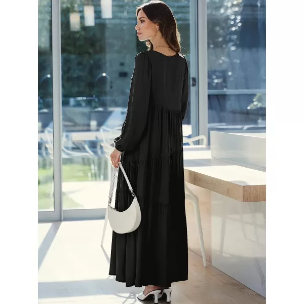 imageANRABESS Womens Boho Casual Loose Puff Long Sleeve Crewneck Asymmetric Tiered Beach Maxi Long DressBlack